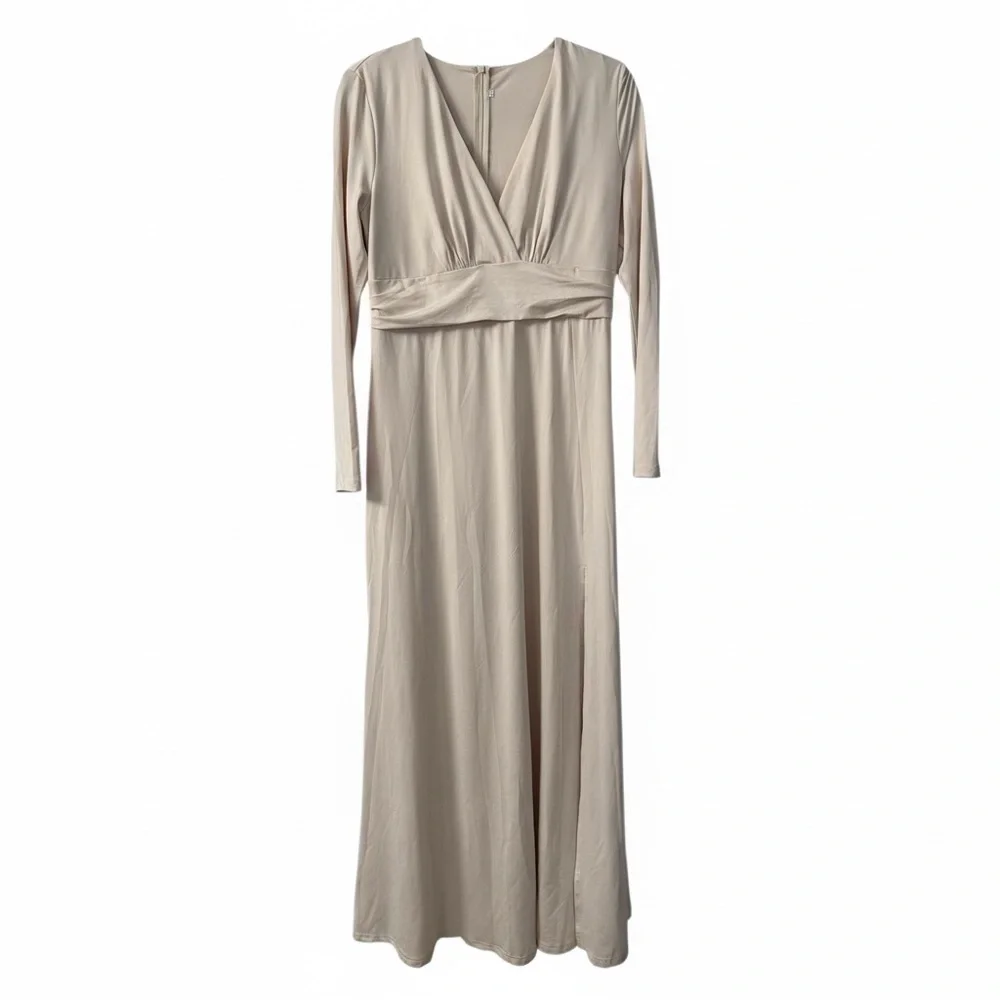 Elegant Cream Long Sleeve Stretchy Maxi Dress with a Slit - Picture 4 of 12